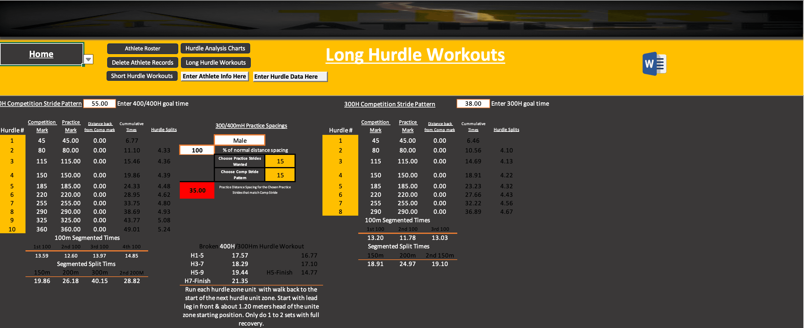 Long hurdle workout designer for 300H and 400H with stride patterns and segmented times