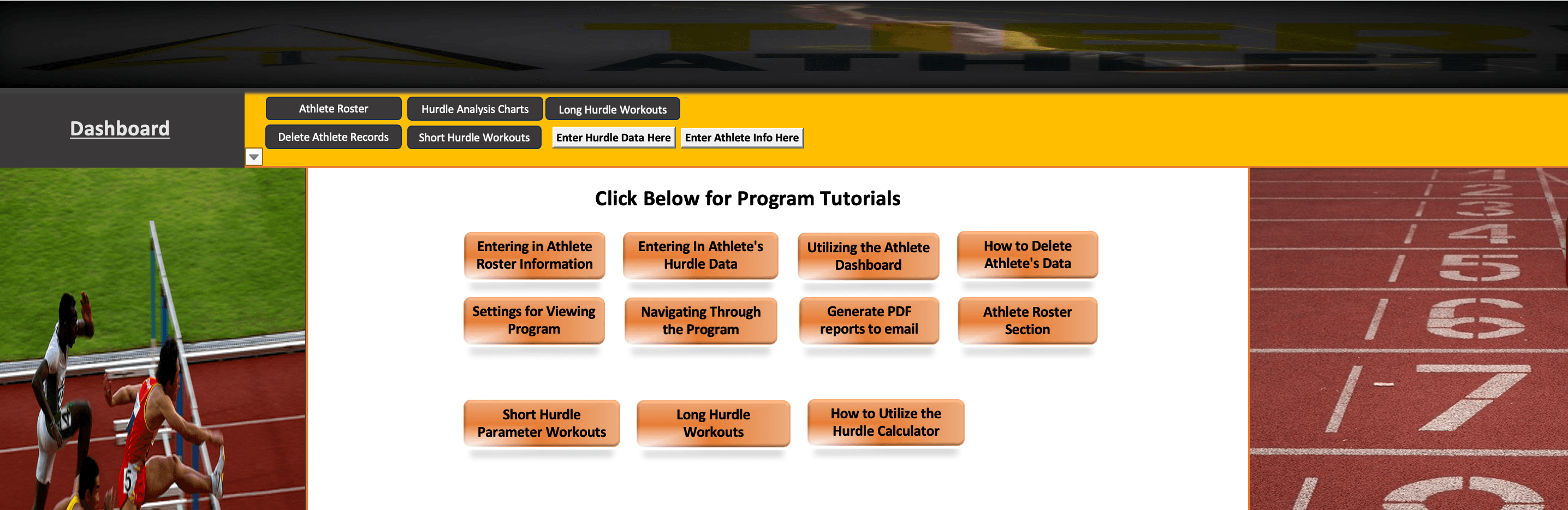Program home screen showing 11 video tutorial buttons covering every feature